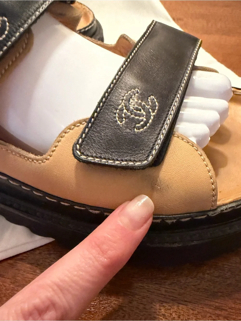 CHANEL Black and Tan Leather “Dad” Velcro Strap Sandals woman’s 10.5